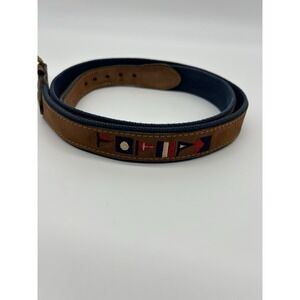 Zeppelin Belt Size 44 Nautical Sailing Flags USA Leather, Brass, Navy/Beige Golf